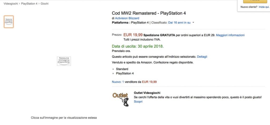 Amazon Italia dio señales de que un remaster de Call of Duty Modern Warfare 2 está en camino.